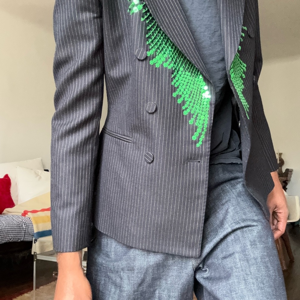 FW17 Dries Van Noten Sequined Pinstripe Double Breasted Blazer - Picture 3 of 7